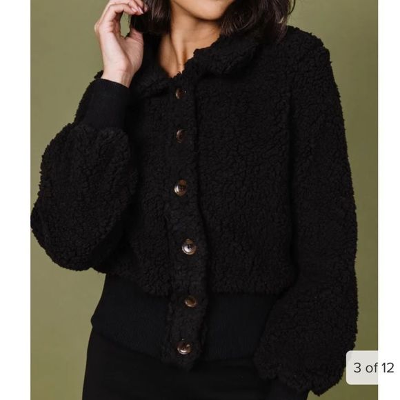 Black Sherpa Button Down Bomber Jacket- HYFVE - Picture 2 of 12